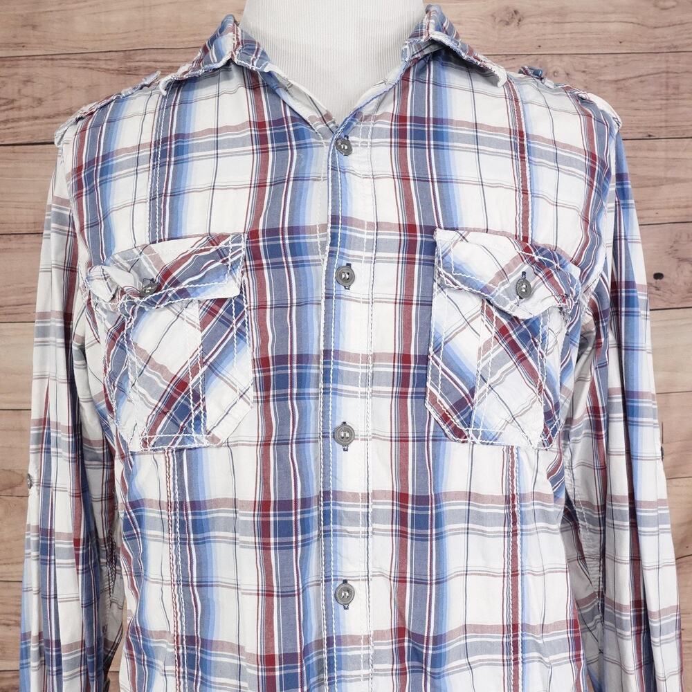 BKE Shirt Mens Large White Blue Red Plaid Slim Fit Western Snap Front Casual